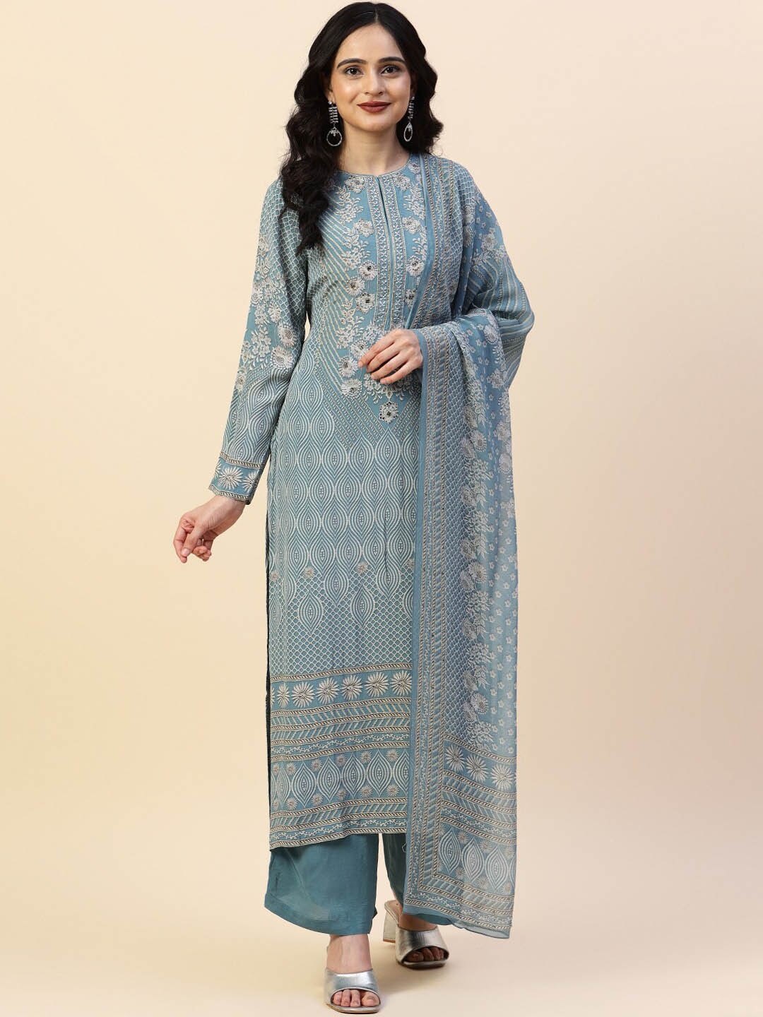 

Meena Bazaar Floral Printed Bead Work Kurta with Trousers & Dupatta, Grey