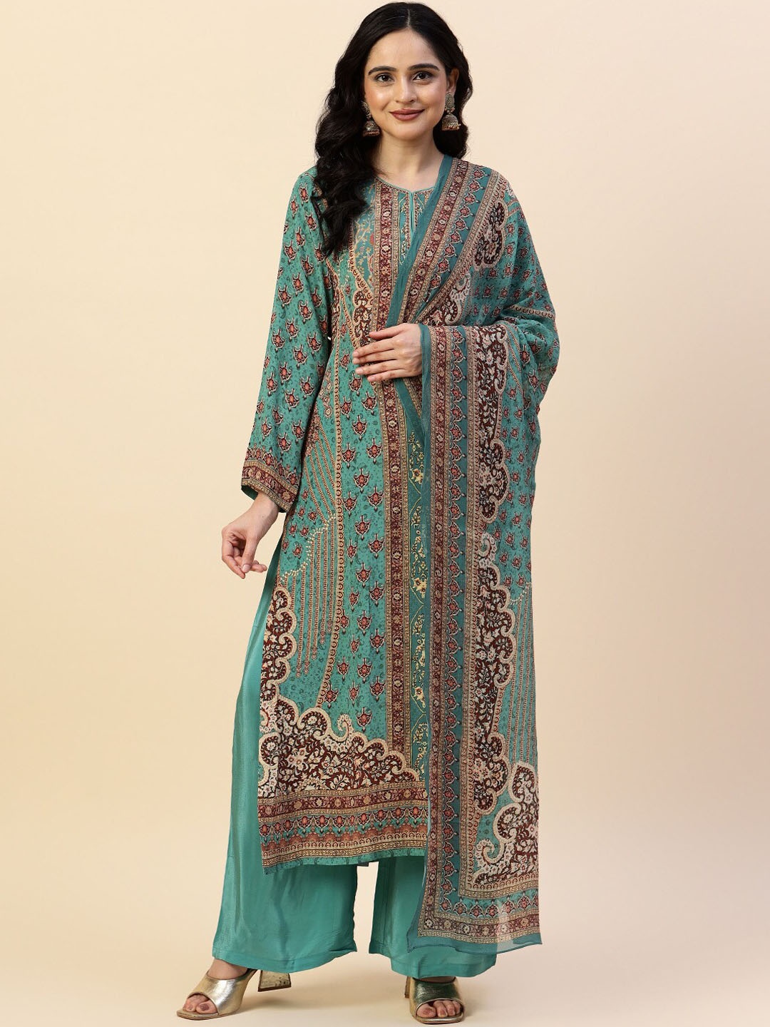 

Meena Bazaar Ethnic Motifs Printed Sequined Kurta with Trousers & Dupatta, Green