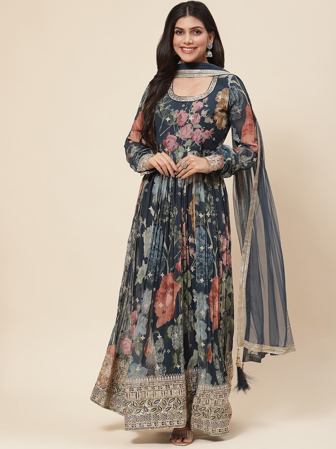 

Meena Bazaar Floral Printed Sequined Pleated Kurta with Trousers & Dupatta, Navy blue