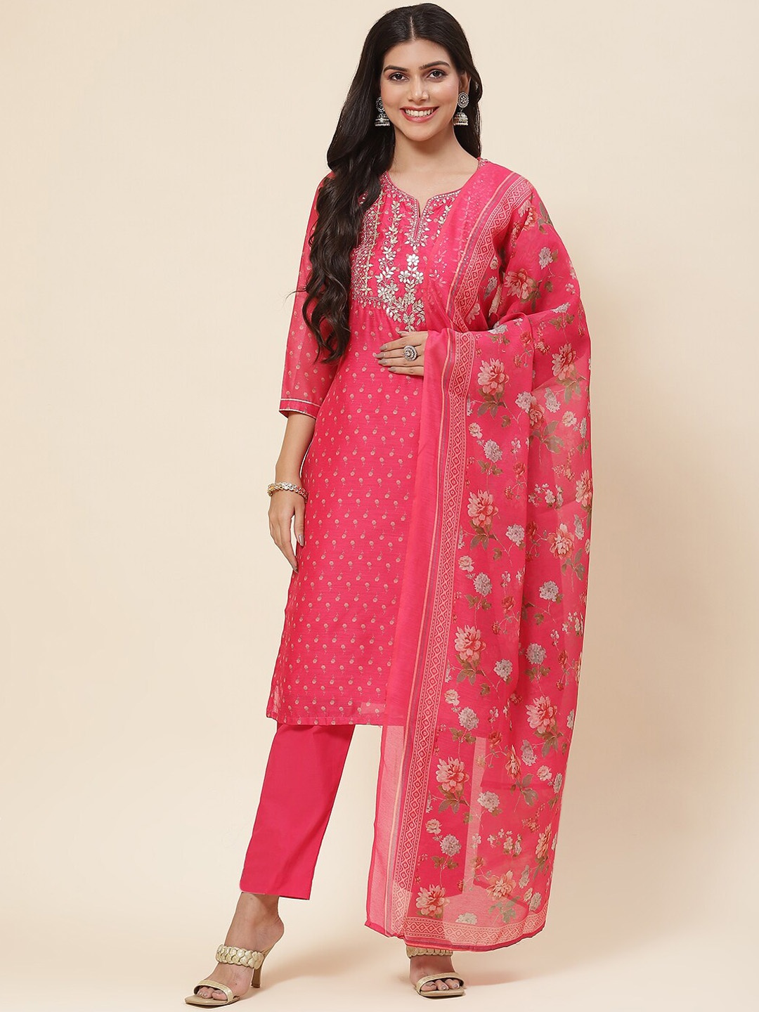 

Meena Bazaar Ethnic Motifs Printed Sequined Kurta with Trousers & Dupatta, Pink