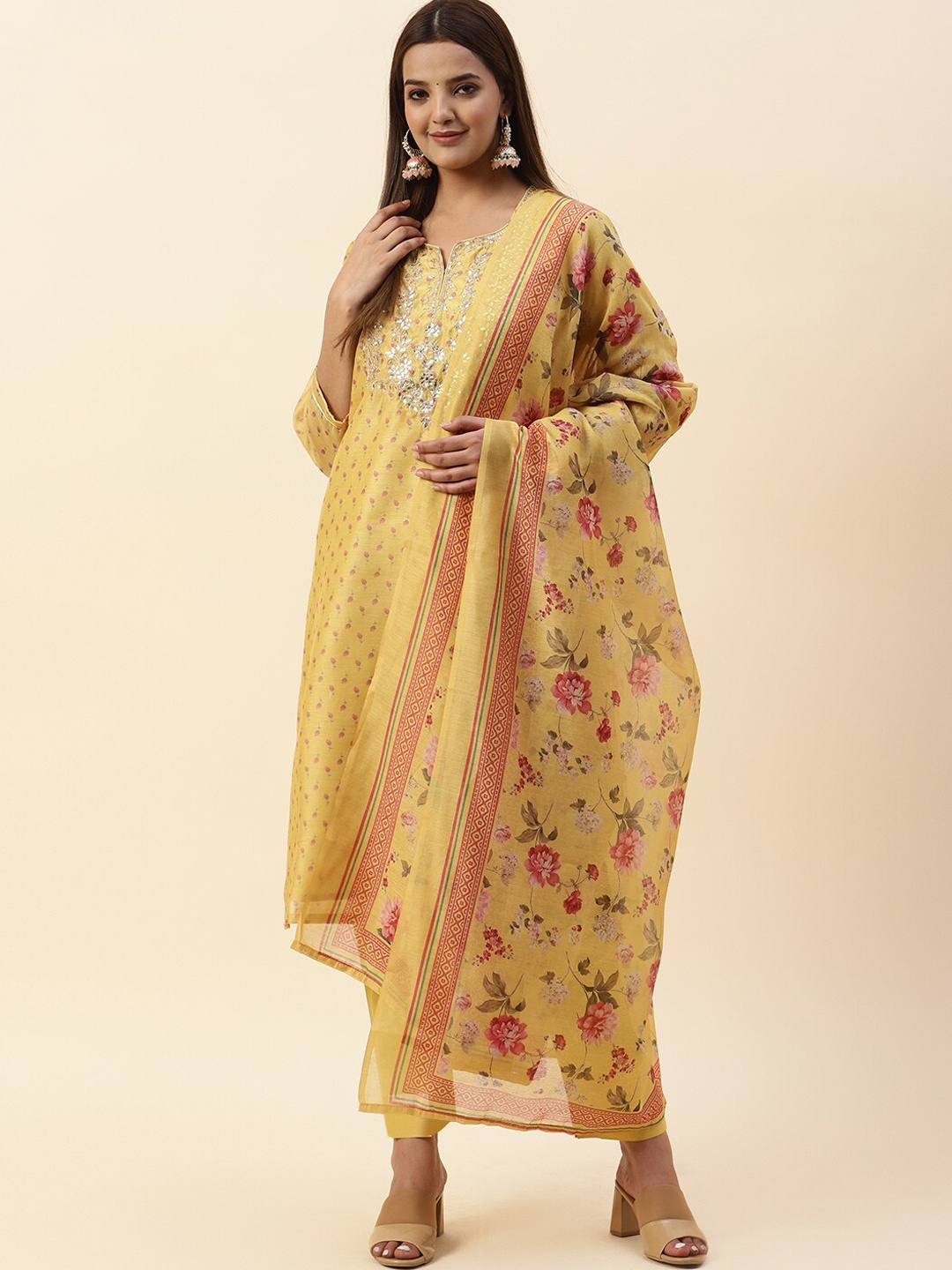 

Meena Bazaar Floral Printed Gotta Patti Kurta with Trousers & Dupatta, Mustard