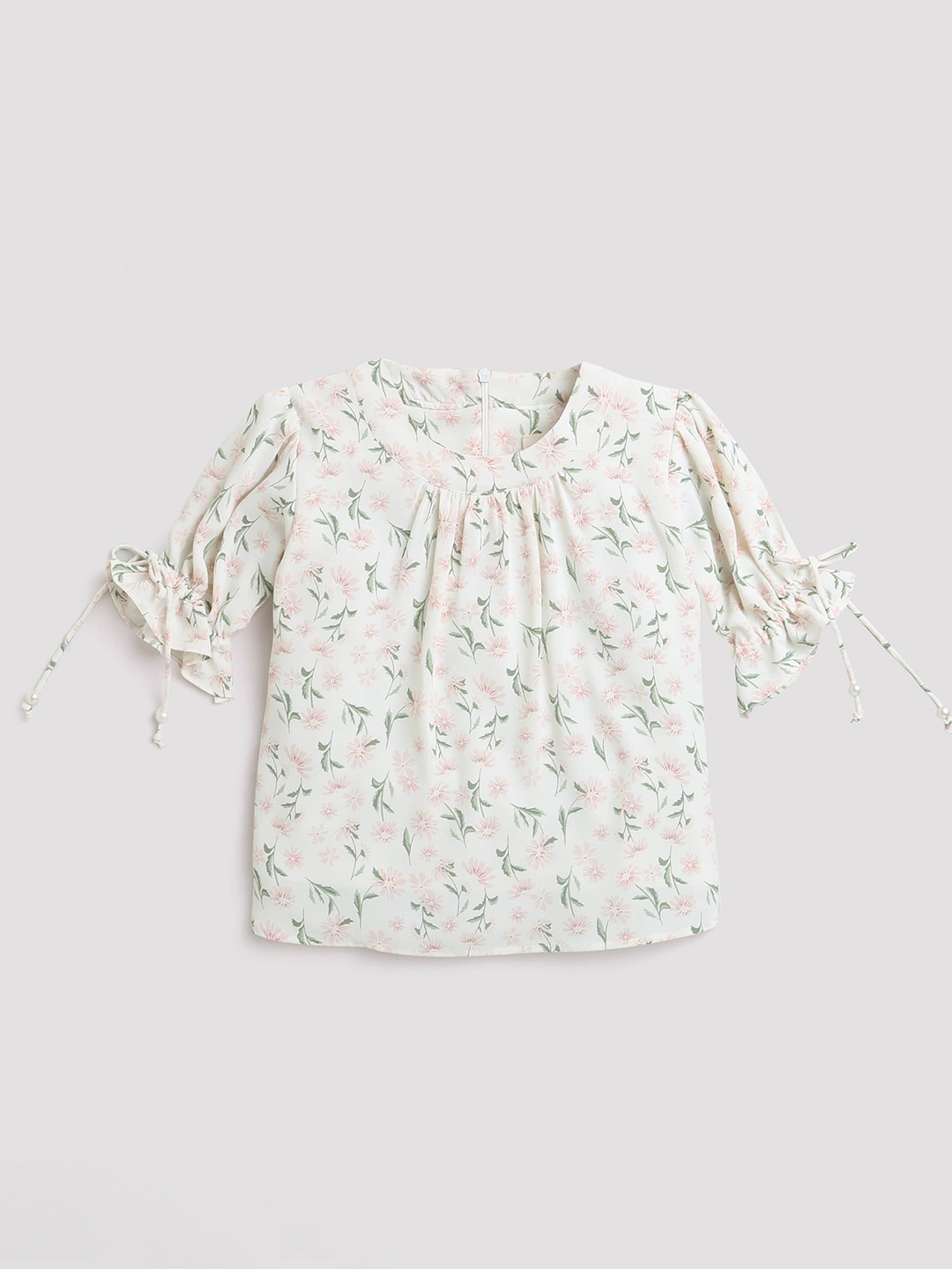 

Tiny Girl Floral Printed Puff Sleeves Top, White