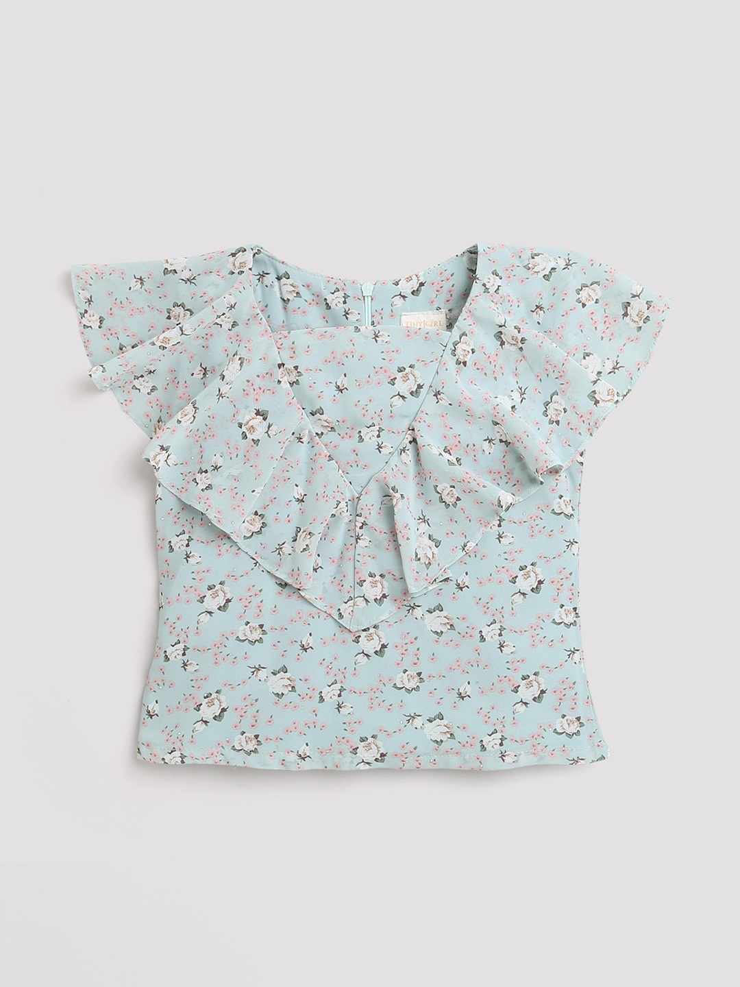 

Tiny Girl Floral Printed Sleeveless Ruffled Top, Green
