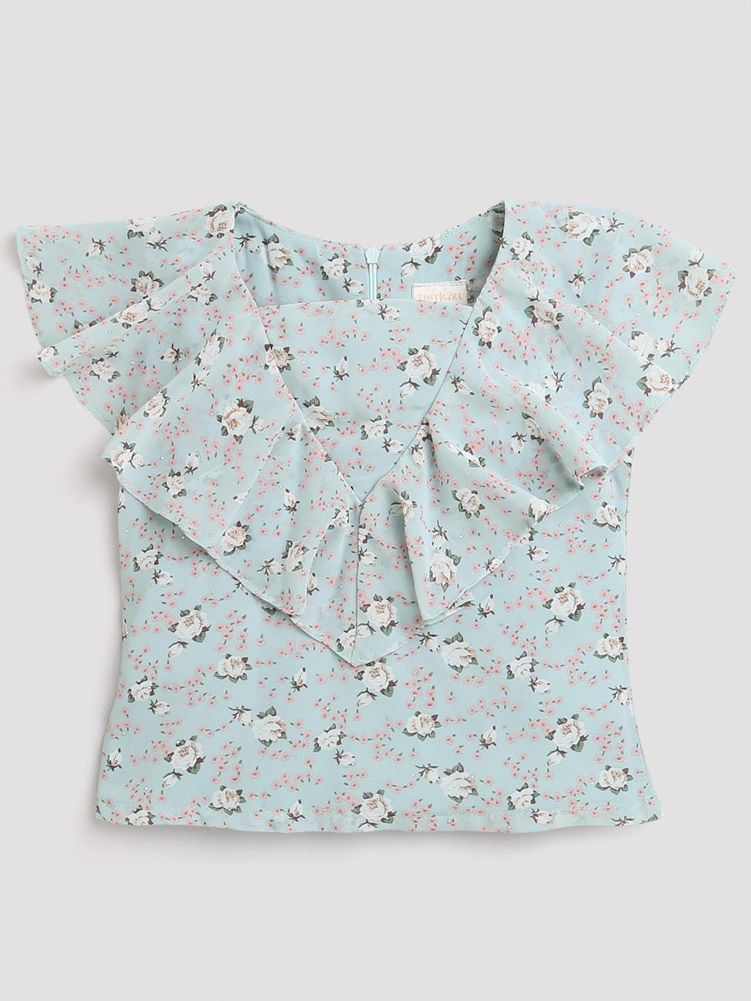 

Tiny Girl Floral Printed V-Neck Cape Sleeves Top, Green