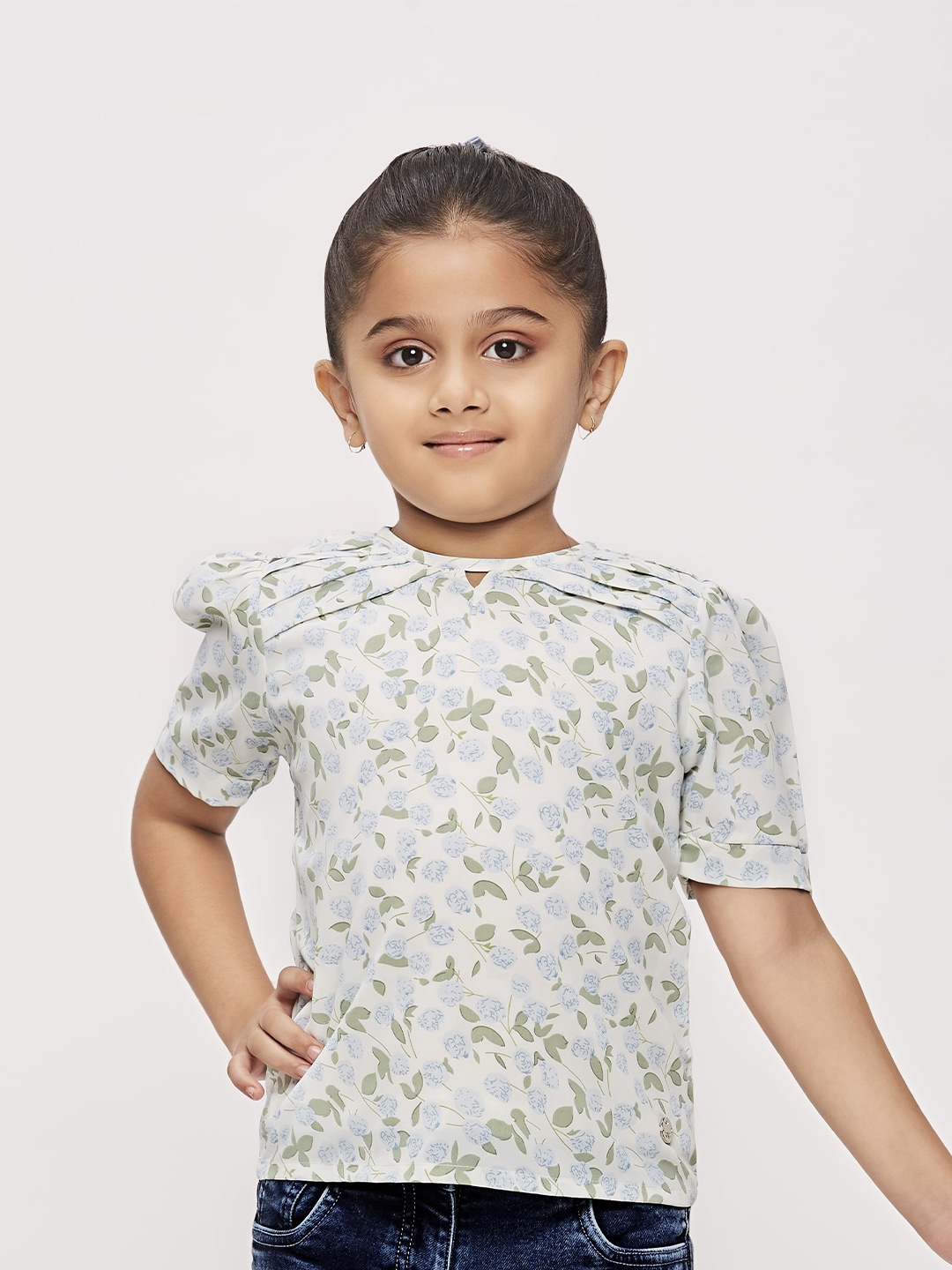 

Tiny Girl Floral Printed Puff Sleeves Top, Blue