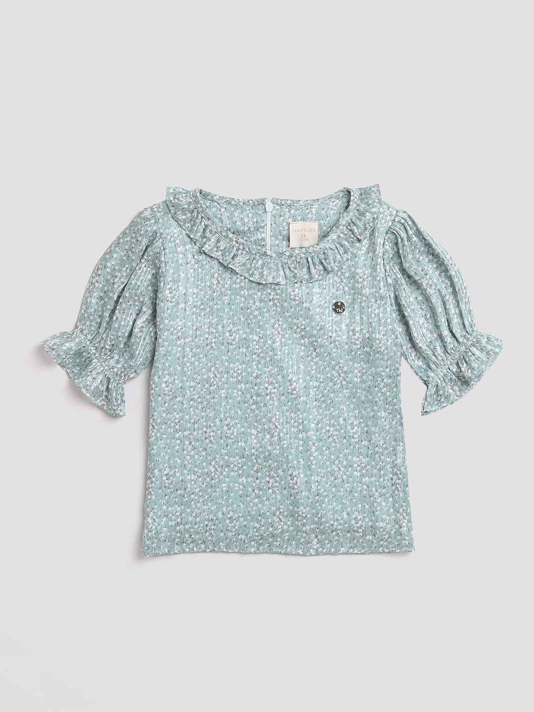 

Tiny Girl Floral Printed Puff Sleeve Ruffled Top, Green