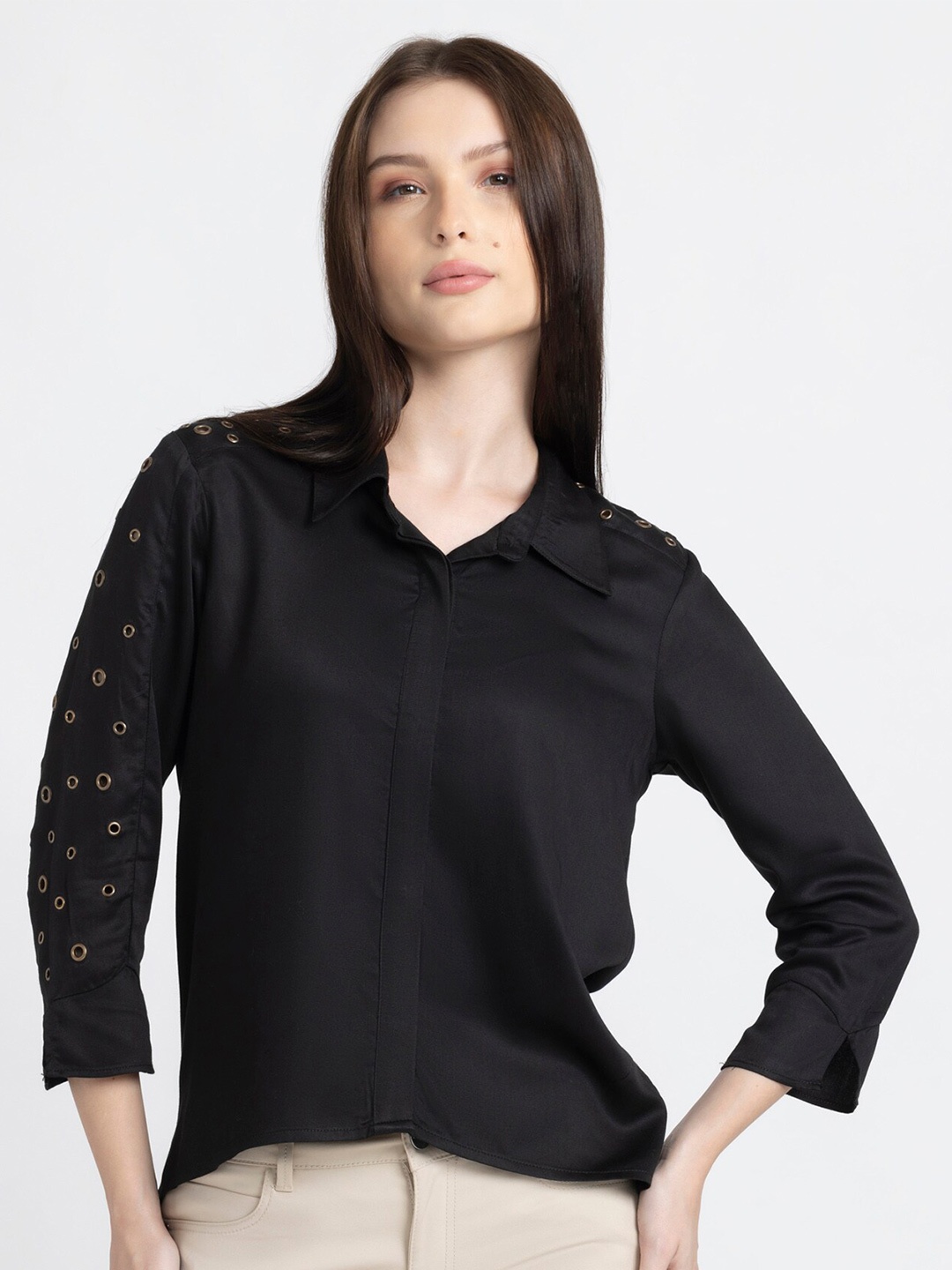 

SHAYE Shirt Collar Satin Shirt Style Top, Black