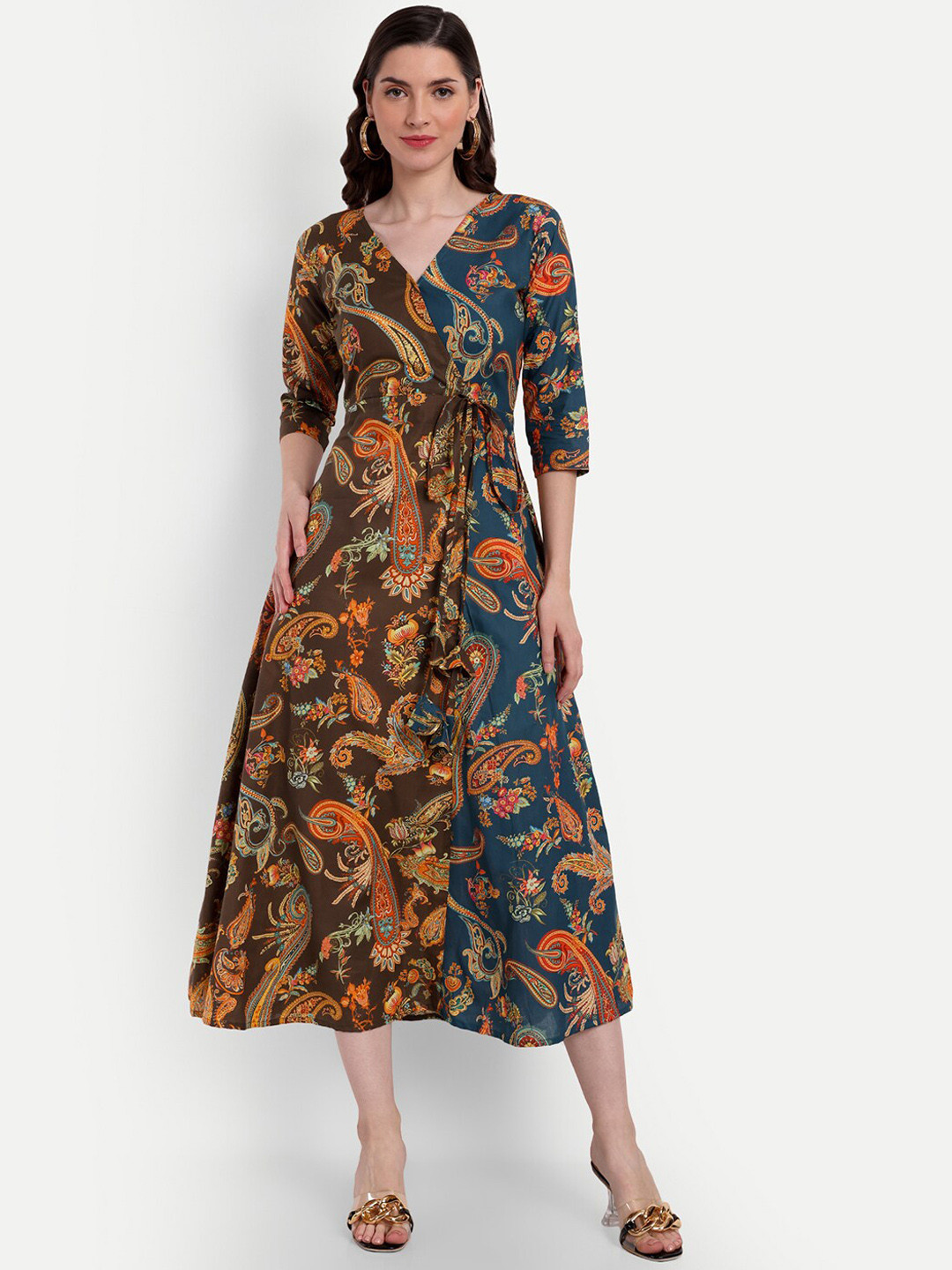 

ISAM Printed Wrap A-Line Midi-Length Pure Cotton Ethnic Dresses, Brown