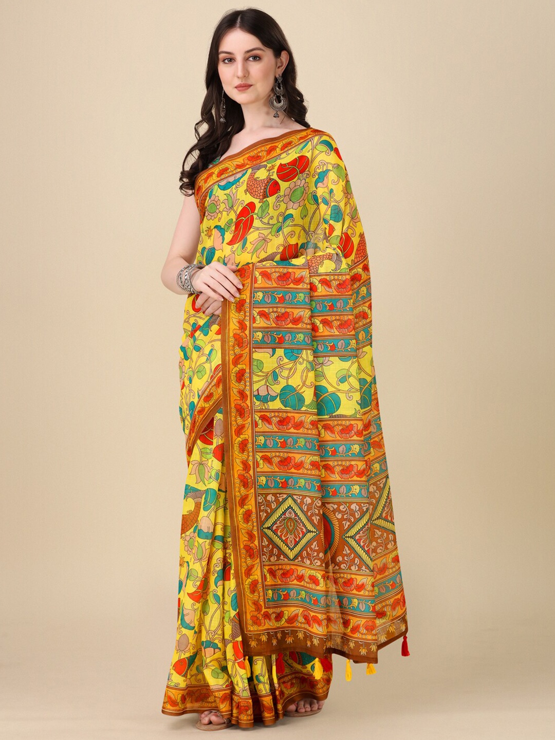 

Kaizen TEXO FAB Floral Printed Maheshwari Saree, Yellow