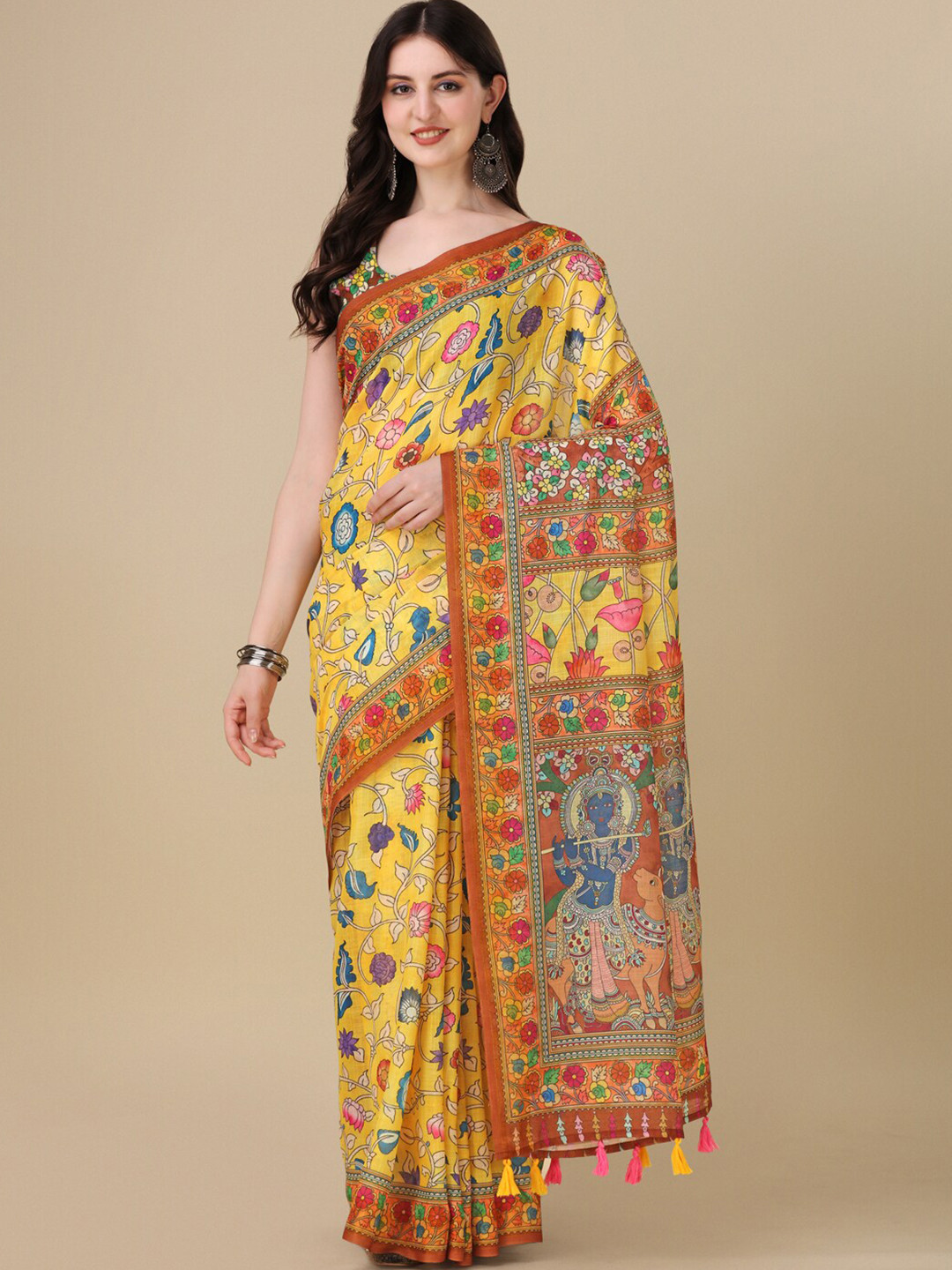 

Kaizen TEXO FAB Floral Printed Maheshwari Saree, Yellow
