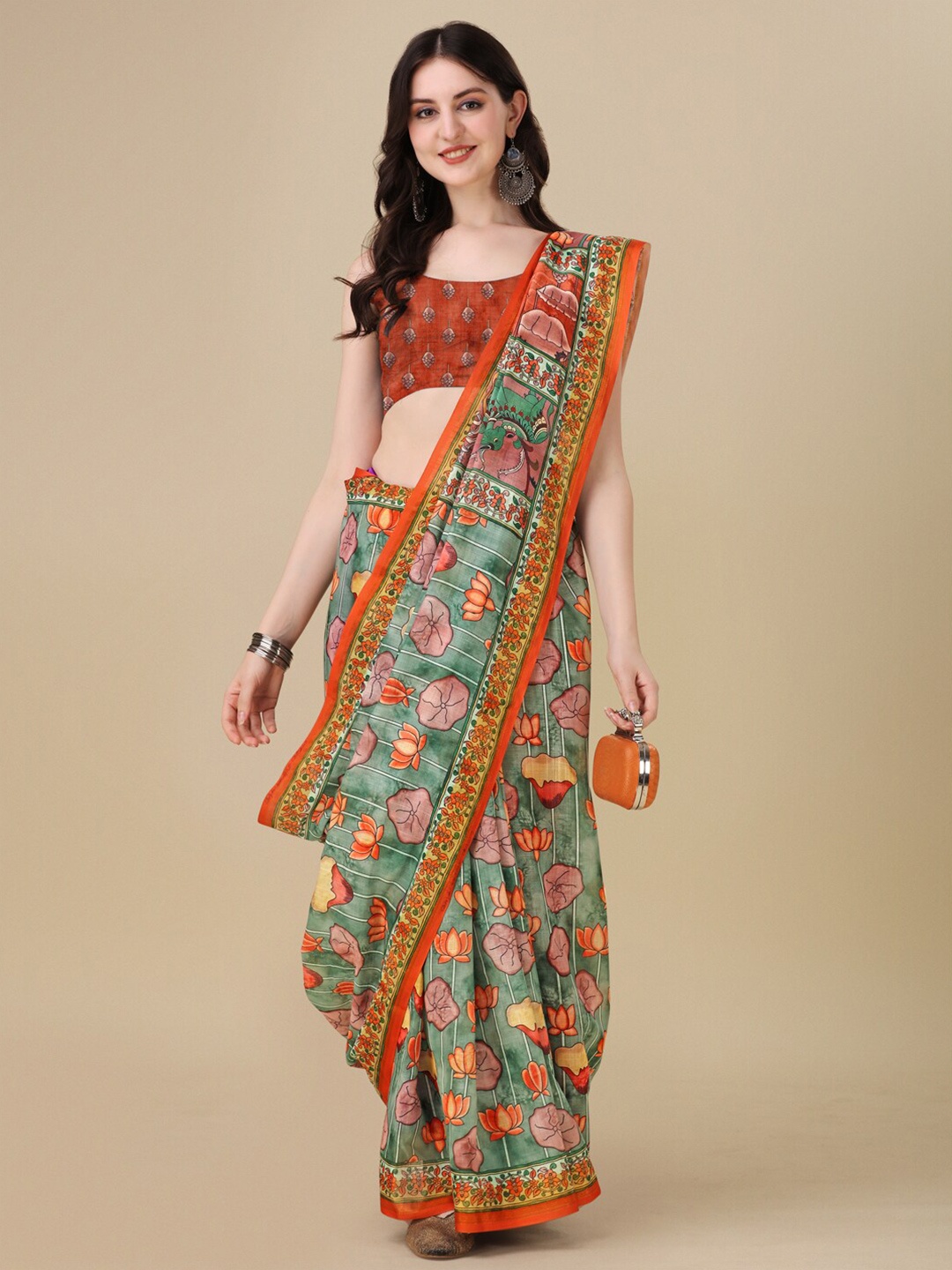 

Kaizen TEXO FAB Floral Printed Maheshwari Saree, Green