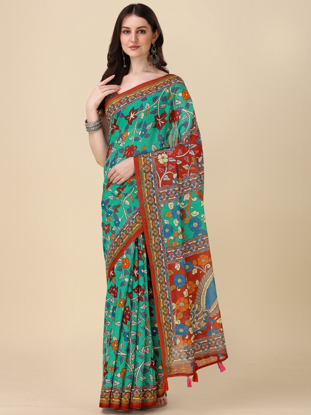 

Kaizen TEXO FAB Floral Printed Maheshwari Saree, Turquoise blue