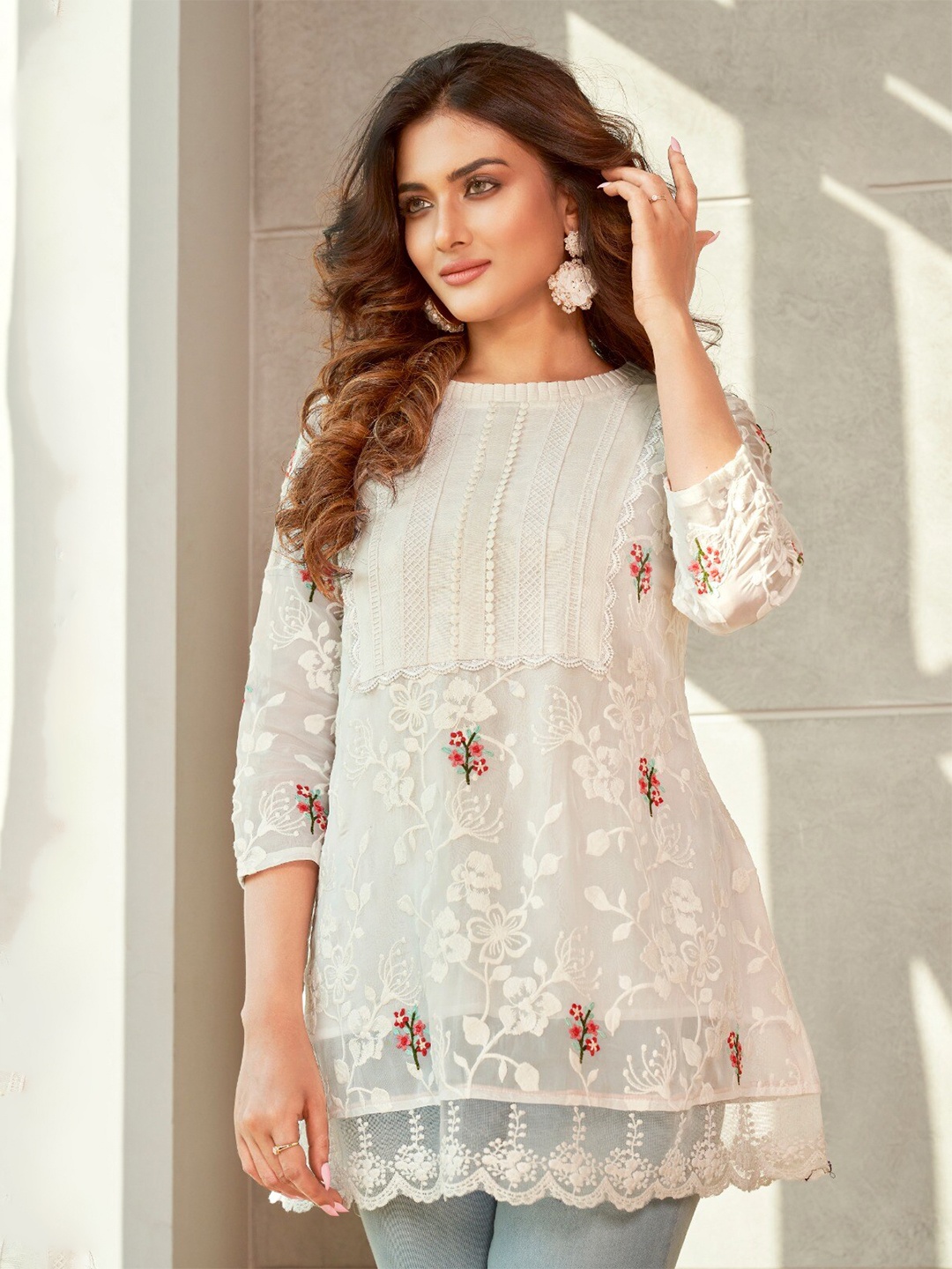 

Pure 9 Floral Embroidered Pure Georgette Kurti, White