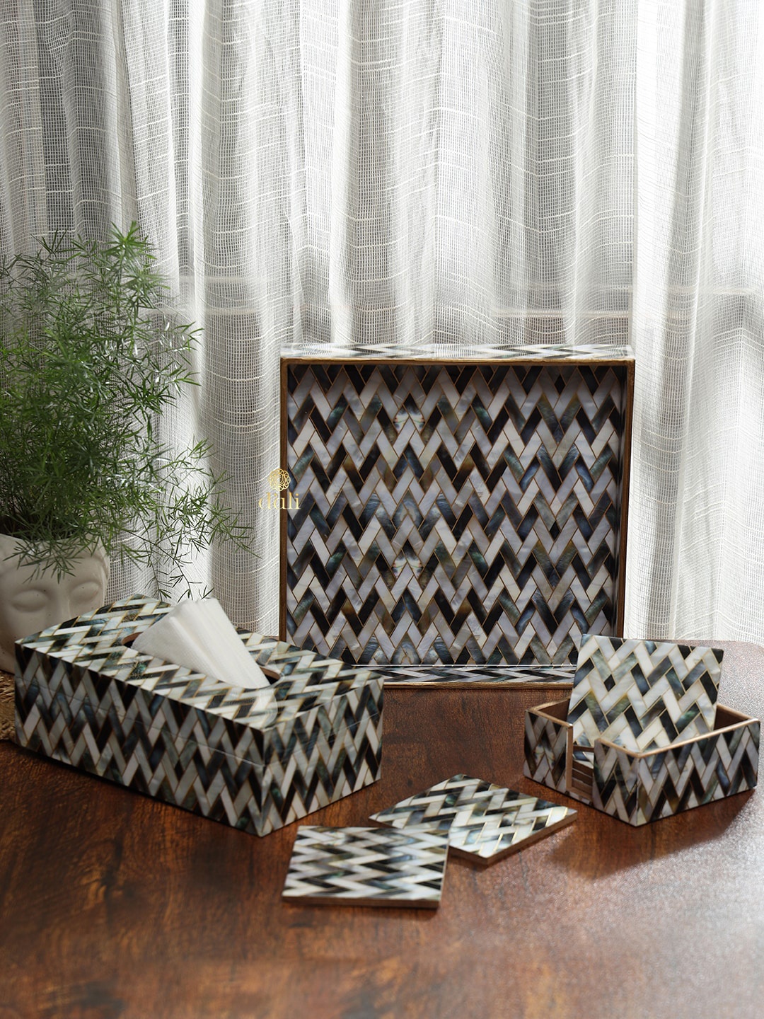

DULI White & Grey 3 Pieces Tray With Coasters & Napkin Holder