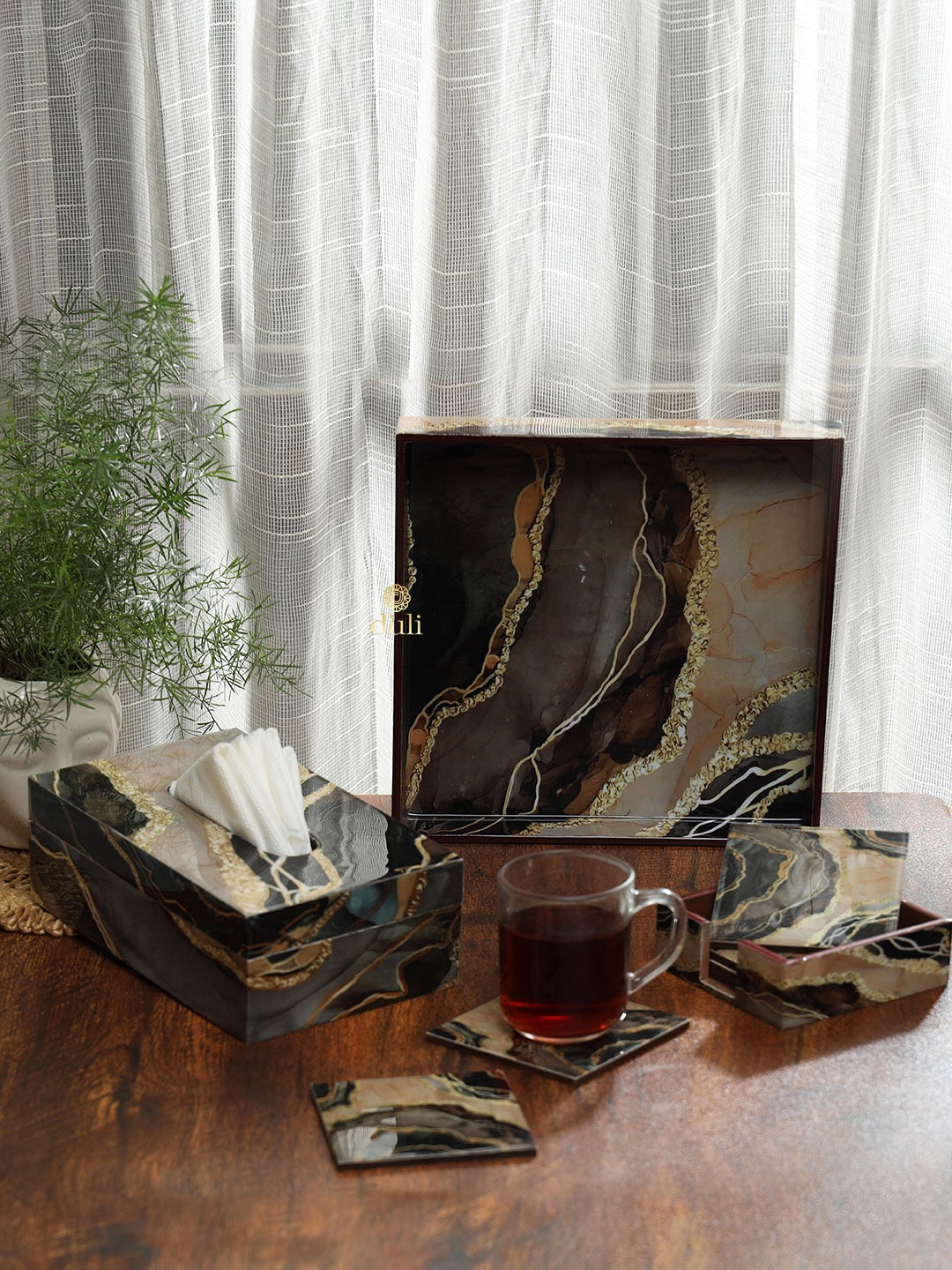 

DULI Brown Enamel Coated 1 Pcs Tray With 6 Pcs Coasters & 1 pcs Tissue Holder