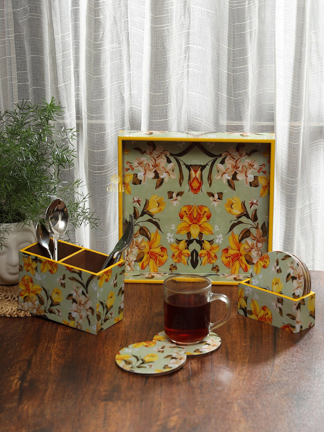 

DULI Yellow & Green 3 Pieces Tray With Coasters & Cutlery Holder