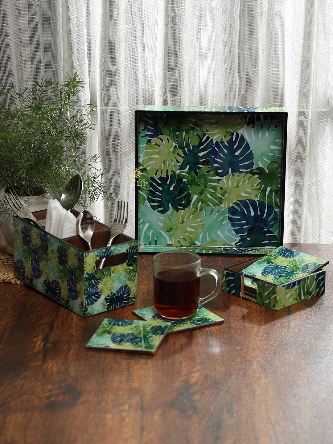 

DULI Green & Blue 3 Pieces Tray With Coasters & Cutlery Holder