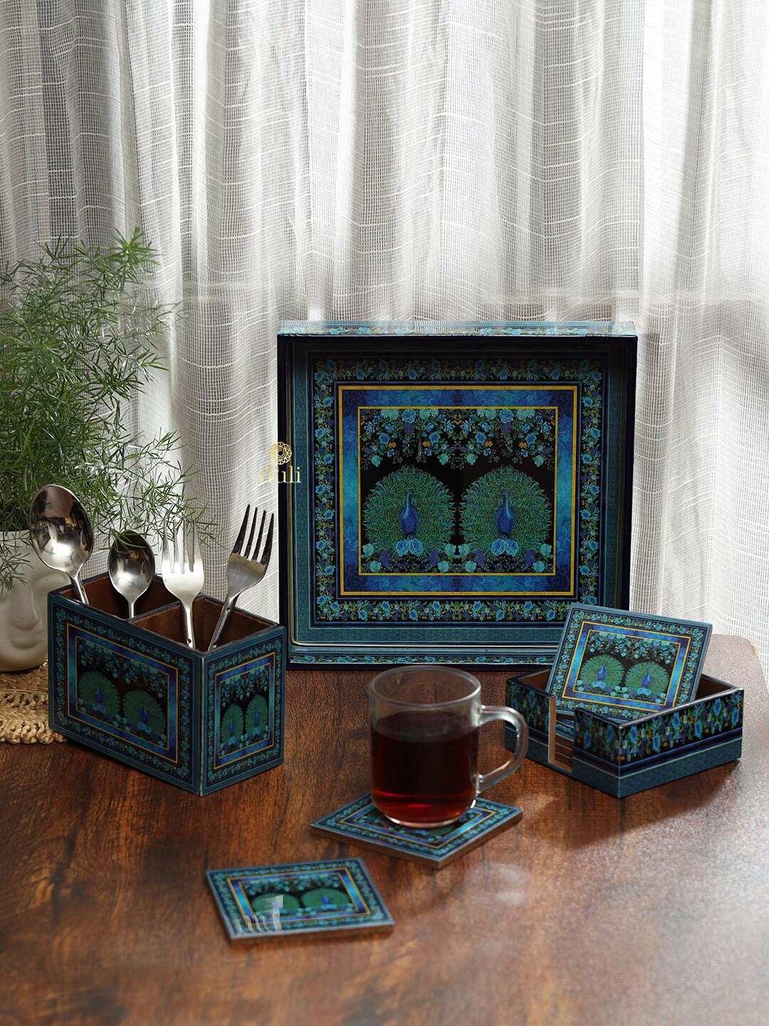 

DULI Green & Blue 3 Pieces Tray With Coasters & Cutlery Holder
