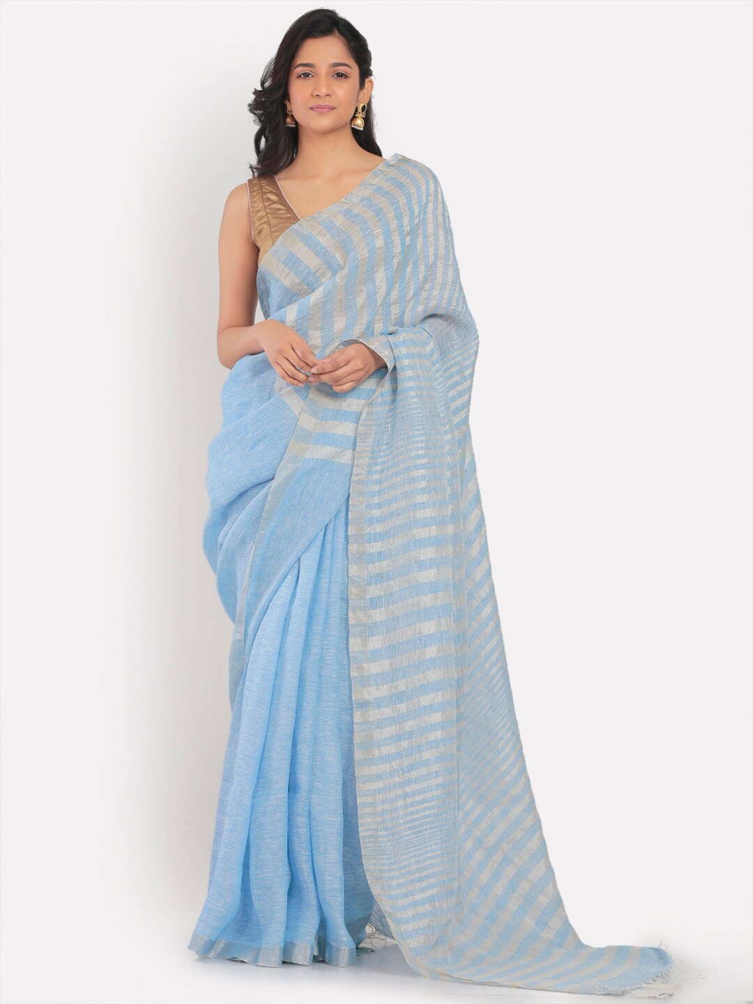 

Aryavart Striped Linen Blend Saree, Blue