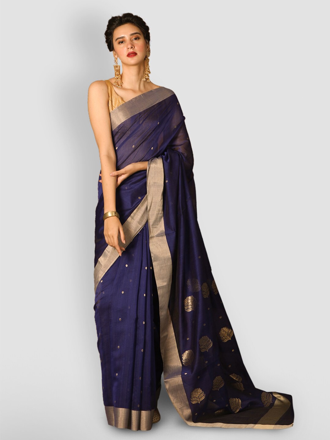 

Aryavart Ethnic Motif Woven Design Zari Silk Cotton Chanderi Saree, Blue