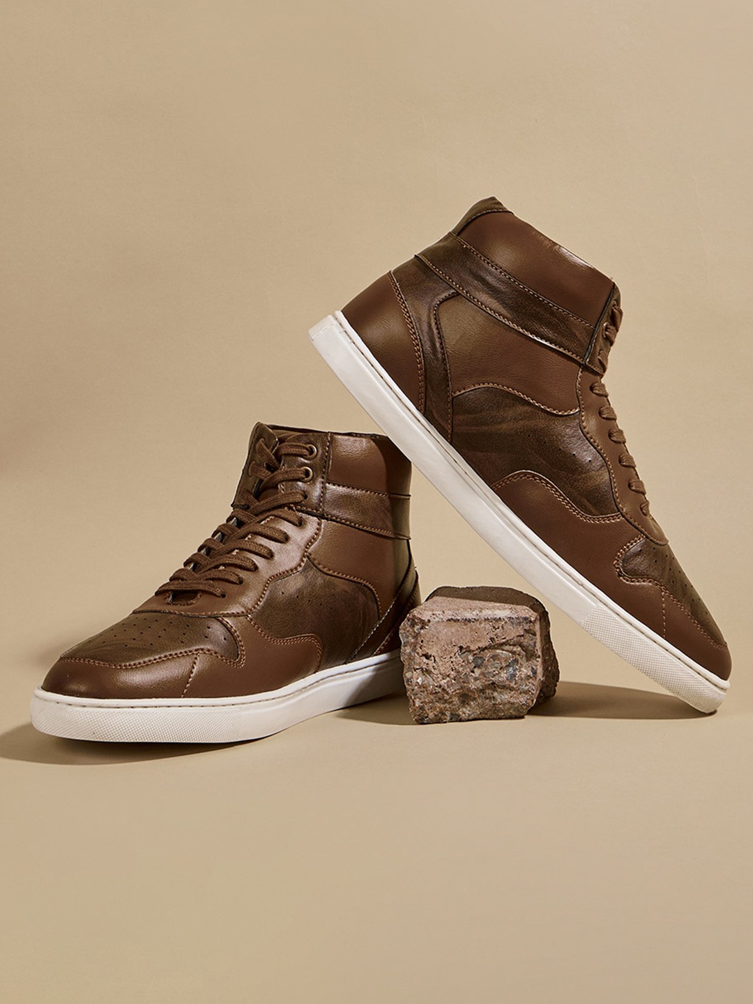 

Styli Men Brown And White Perforated High-Top Sneakers