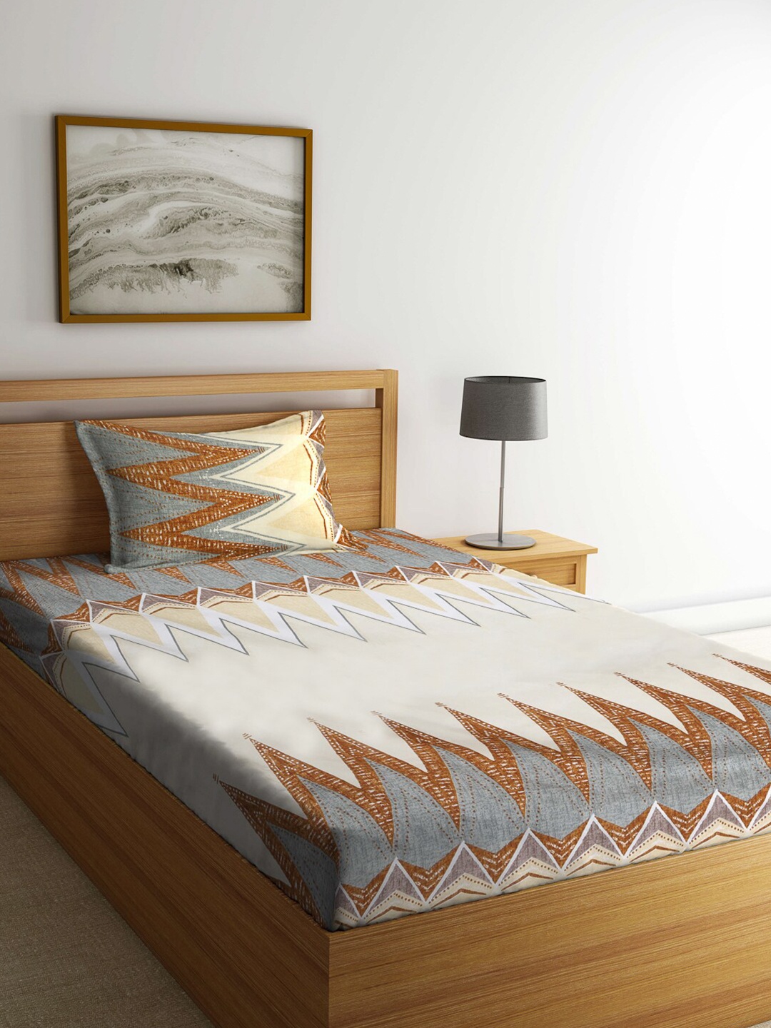 

KLOTTHE Brown & Beige Abstract Printed 300TC Single Bedsheet With Pillow Cover