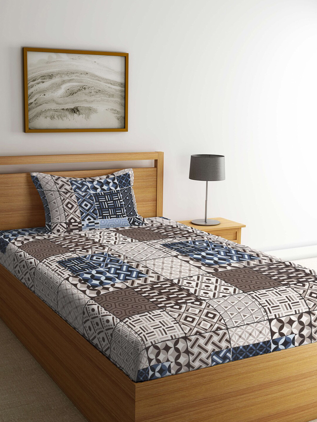 

KLOTTHE Blue & Brown Geometric-Printed 300TC Single Bedsheet With 1 Pillow Cover