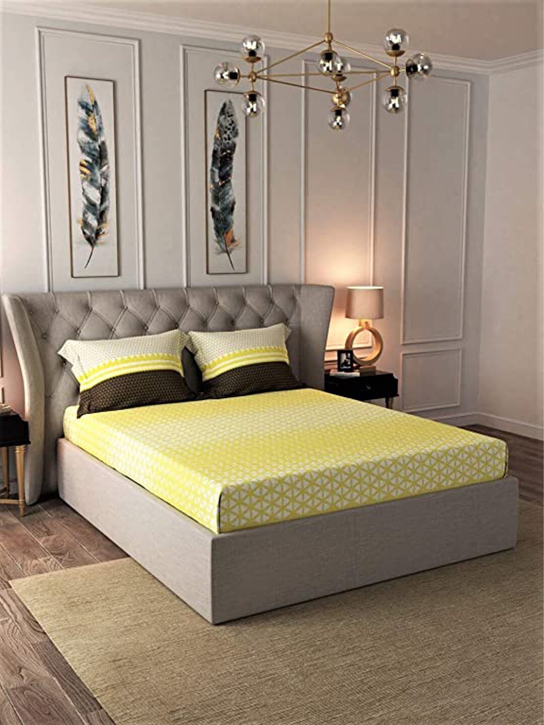 

URBAN SPACE Yellow & White Geometric 144 TC Cotton Queen Bedsheet with 2 Pillow Covers