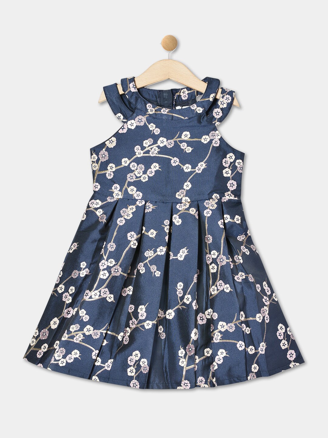 

R&B Girls Floral Printed Pleated Cotton Fit & Flare Dress, Navy blue