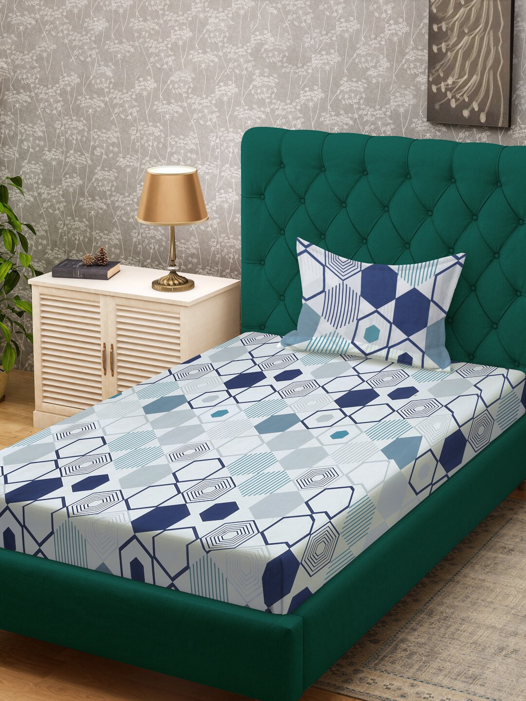KLOTTHE Blue &White Geometric Printed 300 TC Single Bedsheet With 1 Pillow Cover