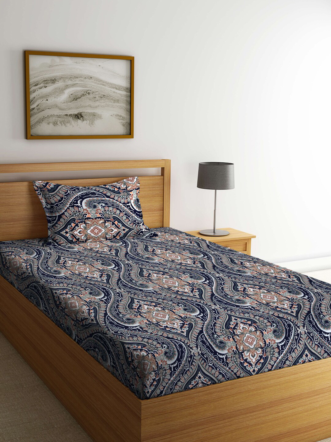 

KLOTTHE Blue & White Ethnic Motif Printed Fitted 300TC Single Bedsheet With 1 Pillow Cover