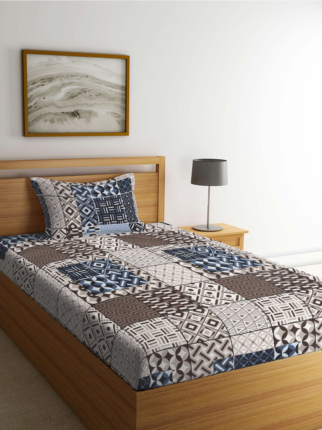 

KLOTTHE Blue & Brown Geometric Printed Fitted 300TC Single Bedsheet With 1 Pillow Cover