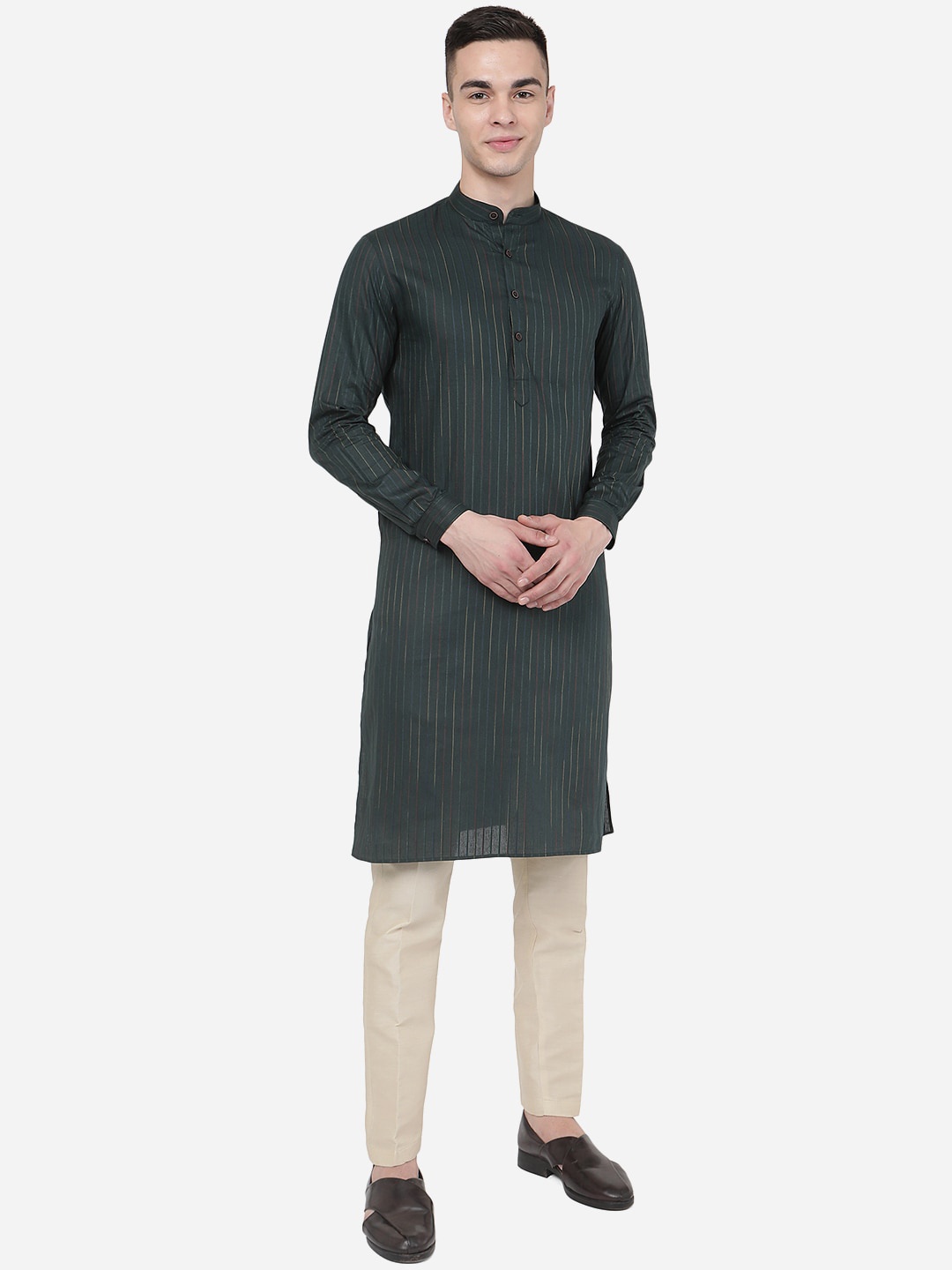 

Modi Kurta Mandarin Collar Striped Kurta, Green