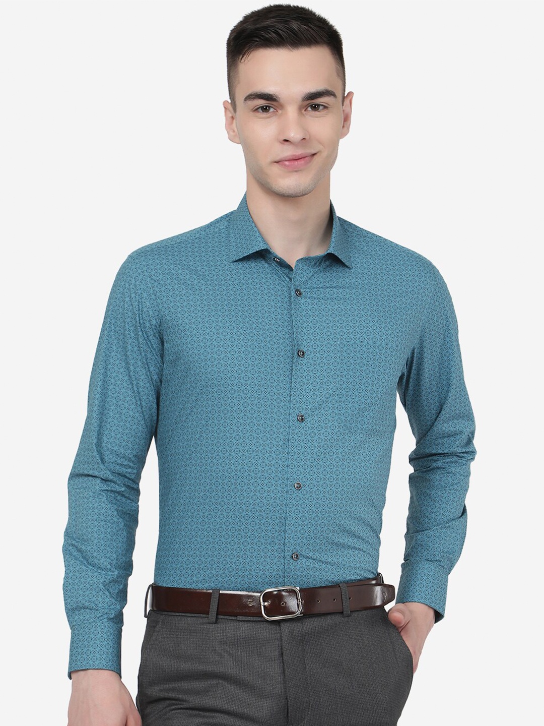

Greenfibre Spread Collar Slim Fit Micro Printed Formal Cotton Shirt, Teal