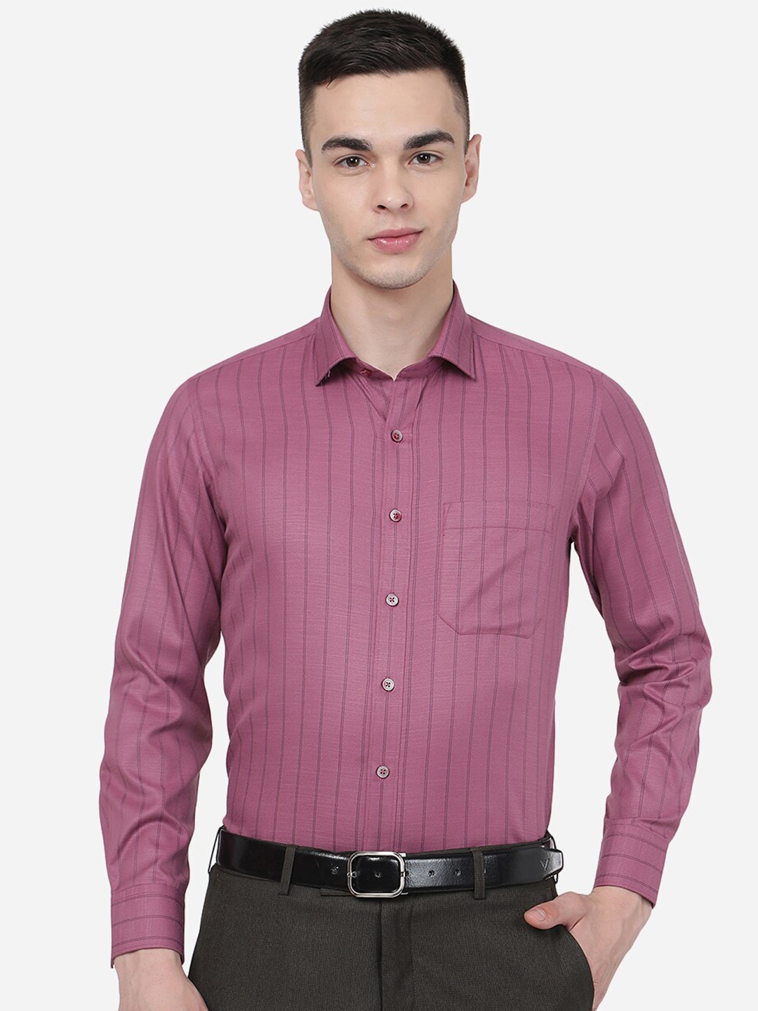

Greenfibre Spread Collar Slim Fit Striped Formal Shirt, Purple