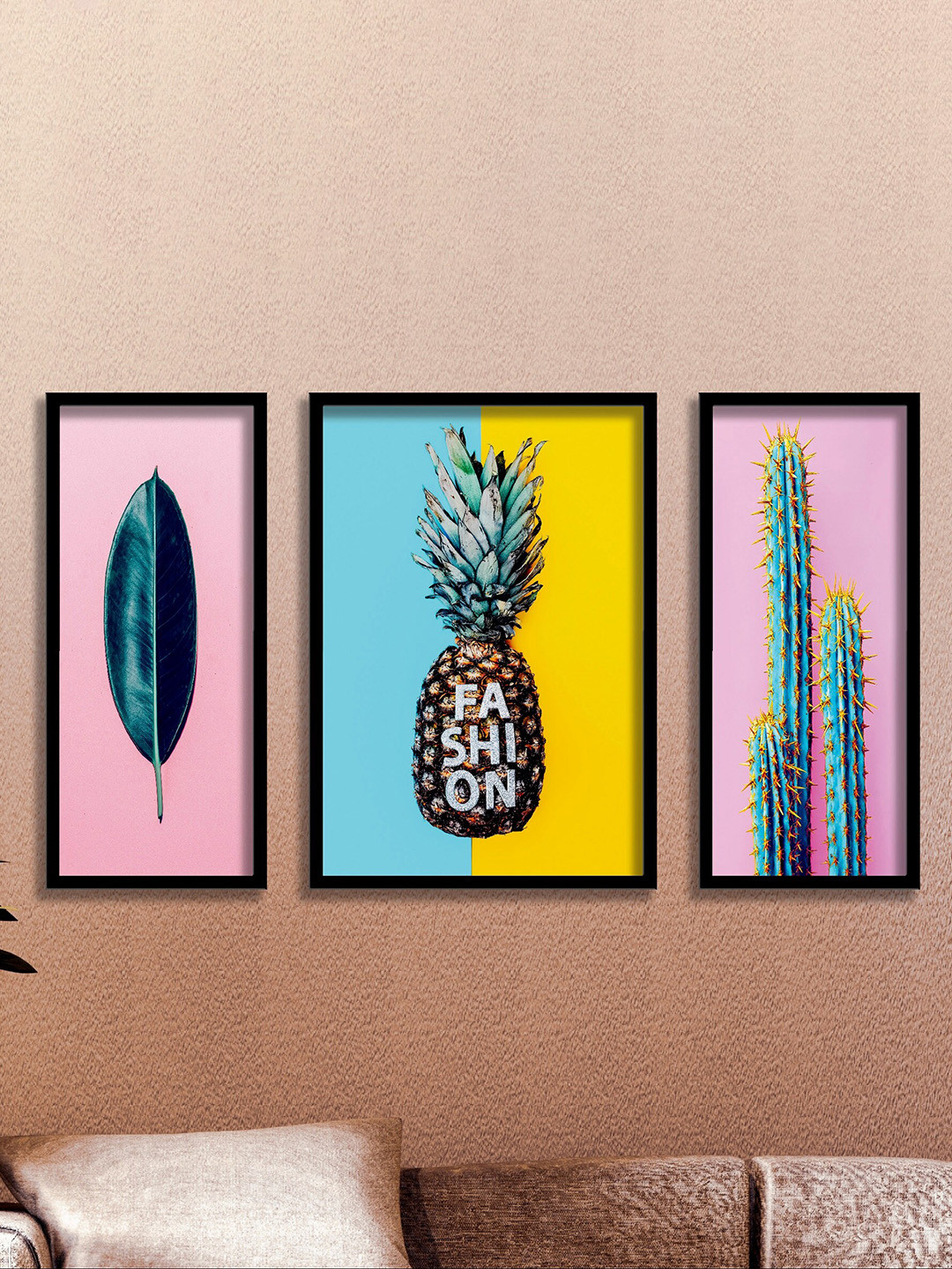 

SAF Pink & Blue 3 Pieces Tropical Pineapple Painting UV Coating Wall Arts