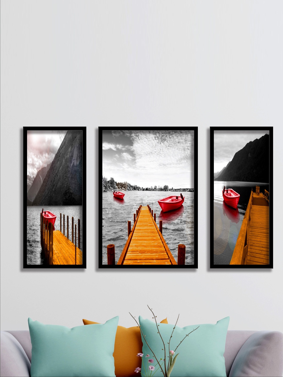 

SAF Grey & Brown 3 Pieces Water Bridge & Boat Painting UV Coating Wall Arts