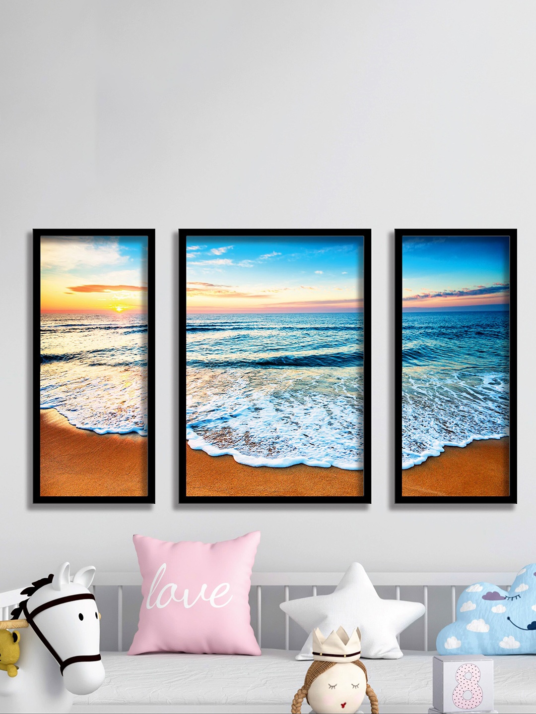 

SAF Blue & White 3 Pieces Sea & Waves Painting UV Coating Wall Arts