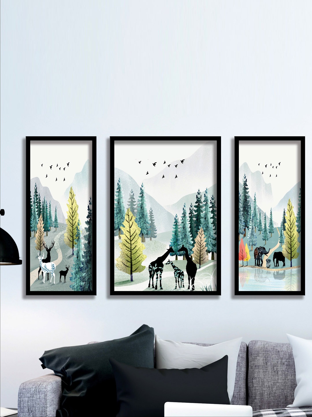 

SAF White & Green 3 Pieces Tropical Tree & Deer Painting UV Coating Wall Arts