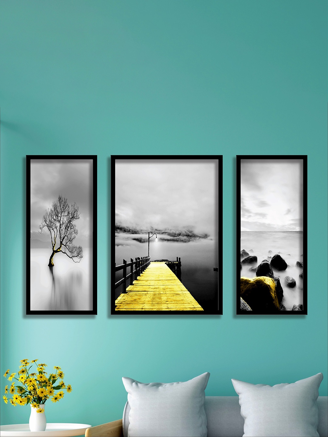 

SAF Grey & Yellow 3 Pieces Water Bridge & Tree Painting UV Coating Wall Arts