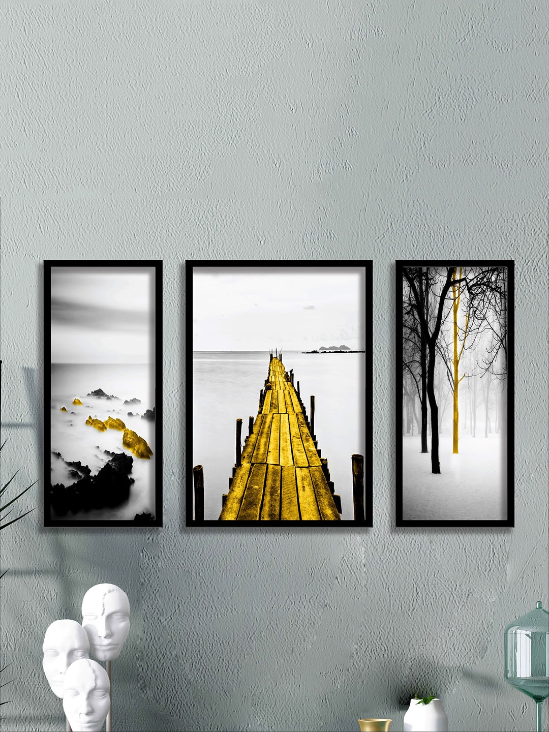 

SAF White & Yellow 3 Pieces Water Bridge & Tree Painting UV Coating Wall Arts
