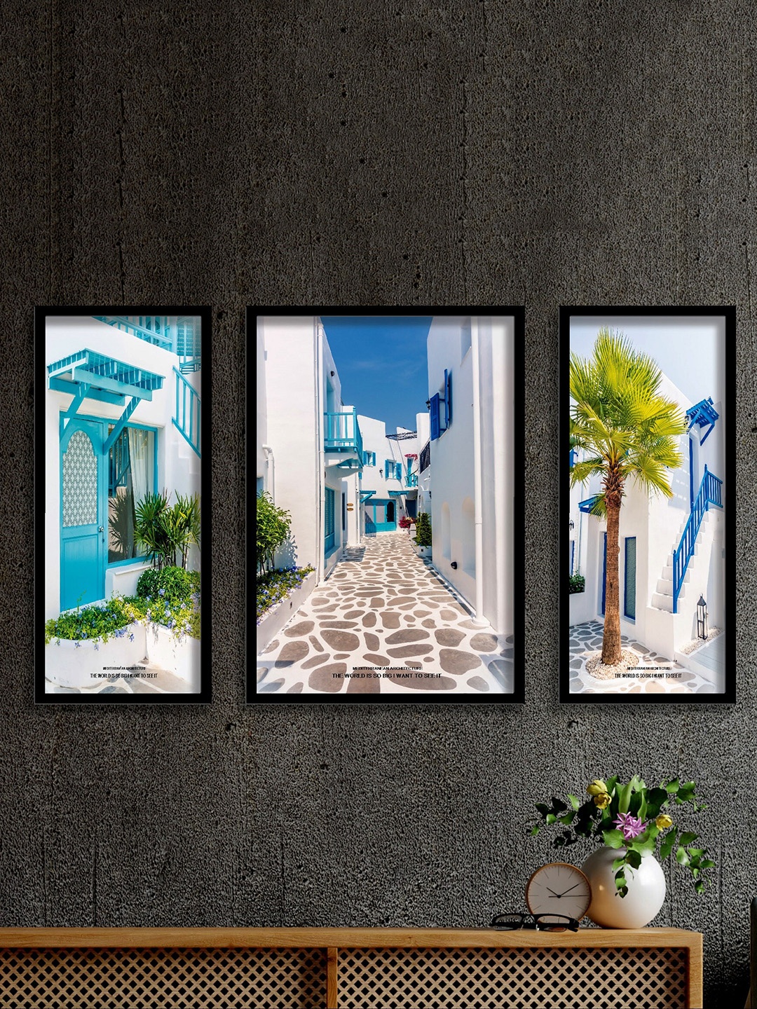 

SAF White & Blue 3 Pieces Buildings Painting UV Coating Wall Arts