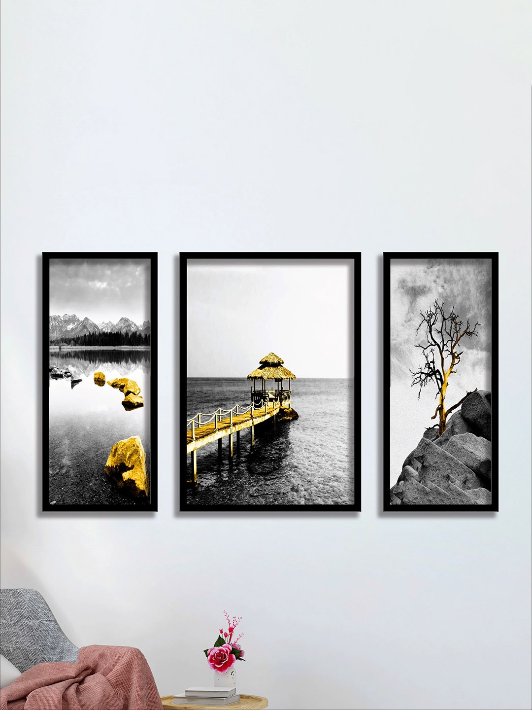 

SAF Grey & Yellow 3 Pieces Water Bridge Painting UV Coating Wall Arts