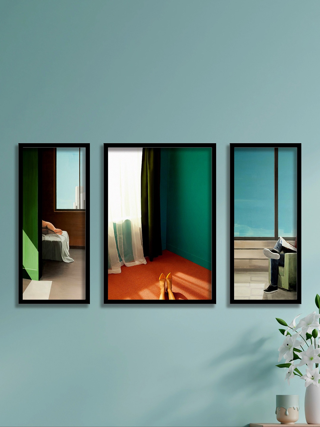 

SAF Green & Blue Feet 3 Pieces Asthetic Painting UV Coating Wall Arts