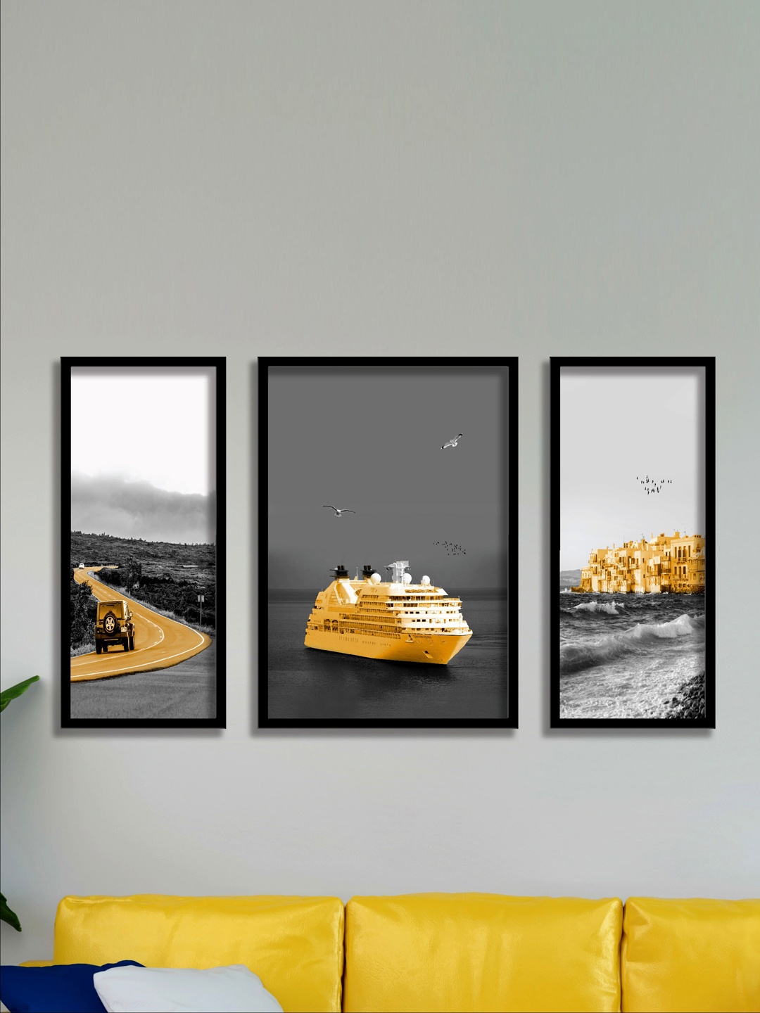 

SAF Grey & Orange Boat & Jeep 3 Pieces UV Coating Wall Painting