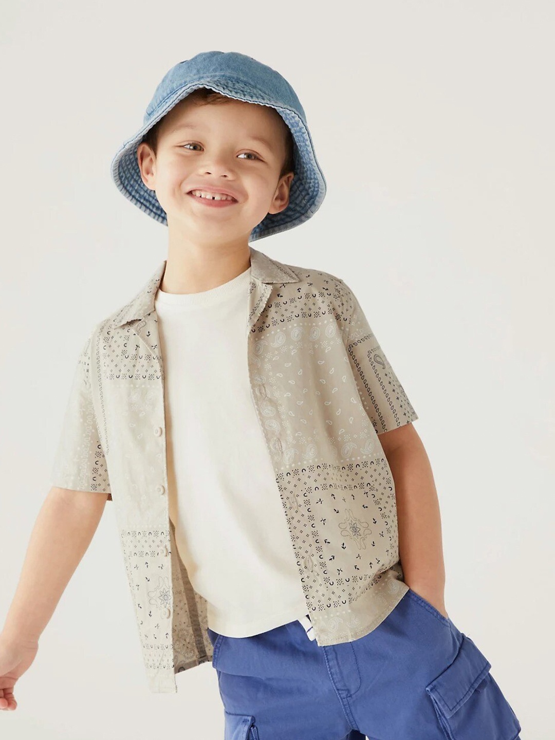 

Marks & Spencer Boys Ethnic Motifs Printed Pure Cotton Casual Shirt with T-Shirt, Beige