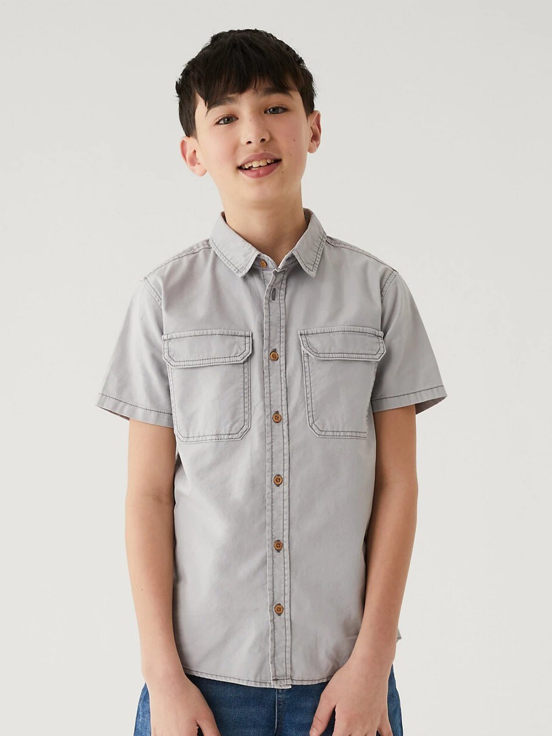 

Marks & Spencer Boys Spread Collar Opaque Pure Cotton Casual Shirt, Grey