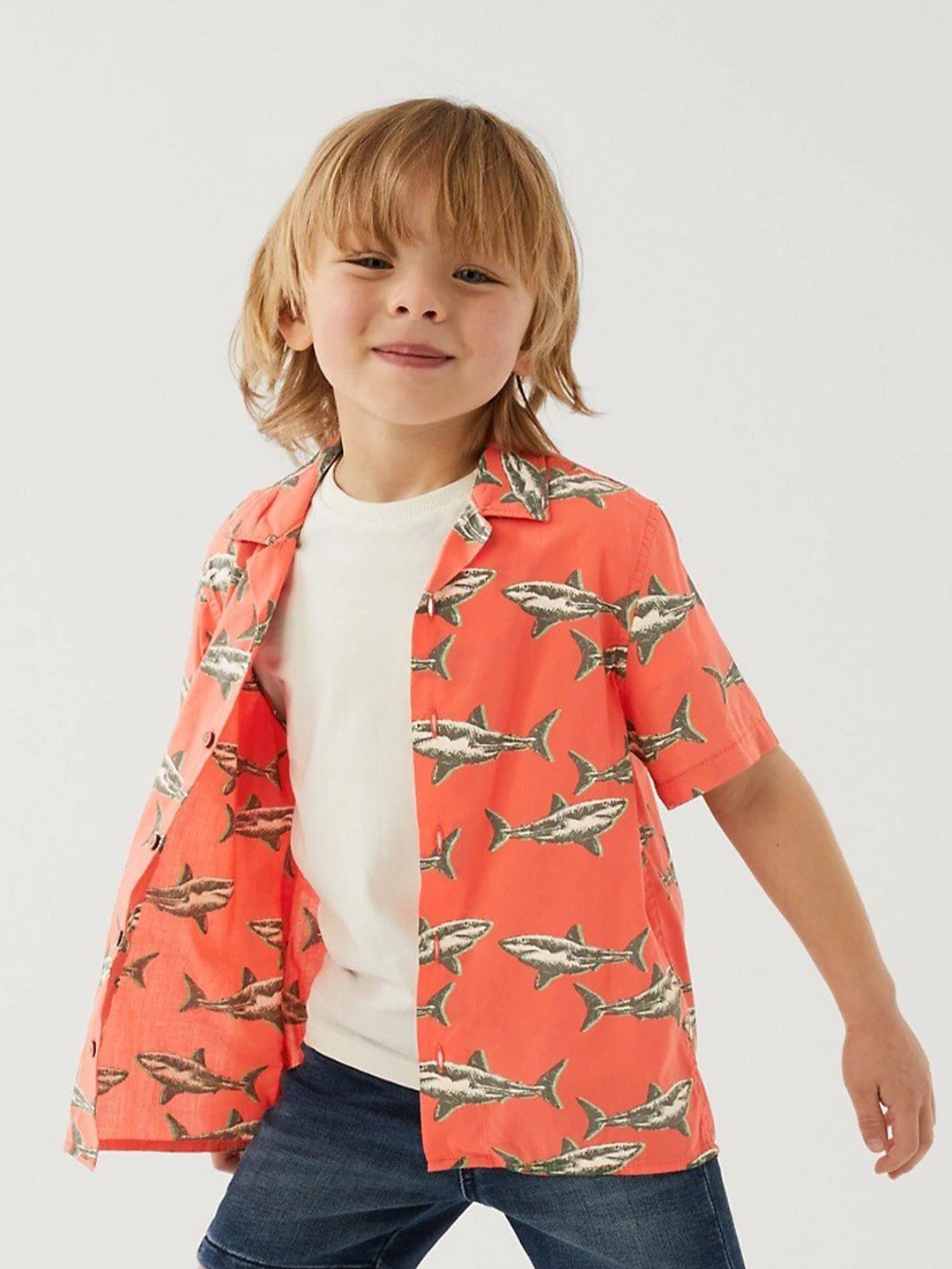 

Marks & Spencer Boys Printed Casual Pure Cotton Shirt With T-Shirt, Orange