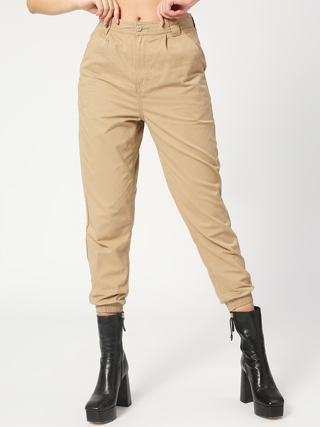 

LOVEGEN Women Slim Fit Mid-Rise Cotton Joggers, Beige