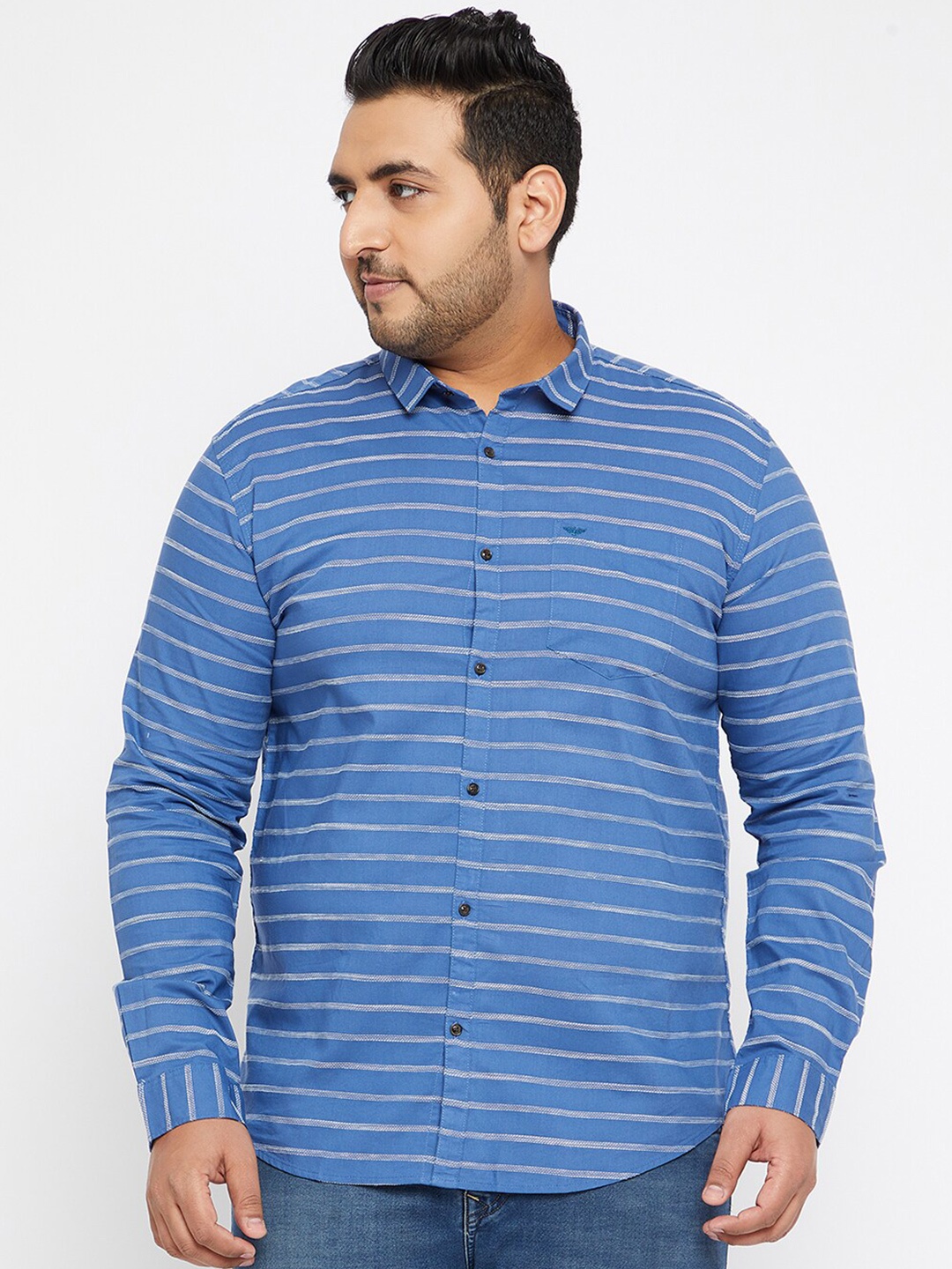 

SHOWOFF Plus Plus Size Horizontal Stripes Comfort Fit Cotton Casual Shirt, Blue